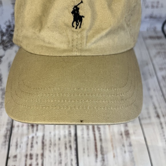 Vintage Polo Ralph Lauren Cotton Chino Khaki Tan Leather Buckle Strap Back Hat - Picture 2 of 8